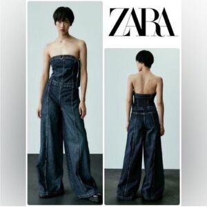 ZARA Strapless Wide Leg Denim Jumpsuit NEW